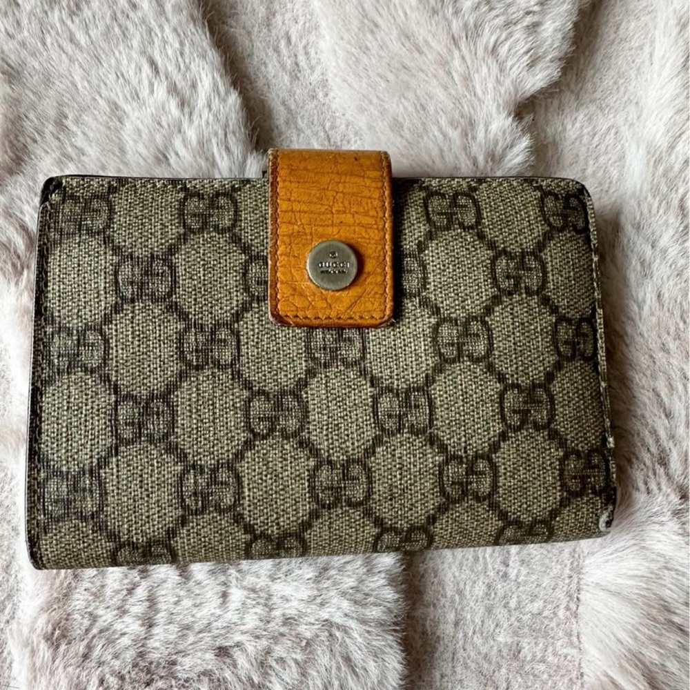 Vintage Gucci Brown/Beige Monogram Canvas Wallet with Tan Snap